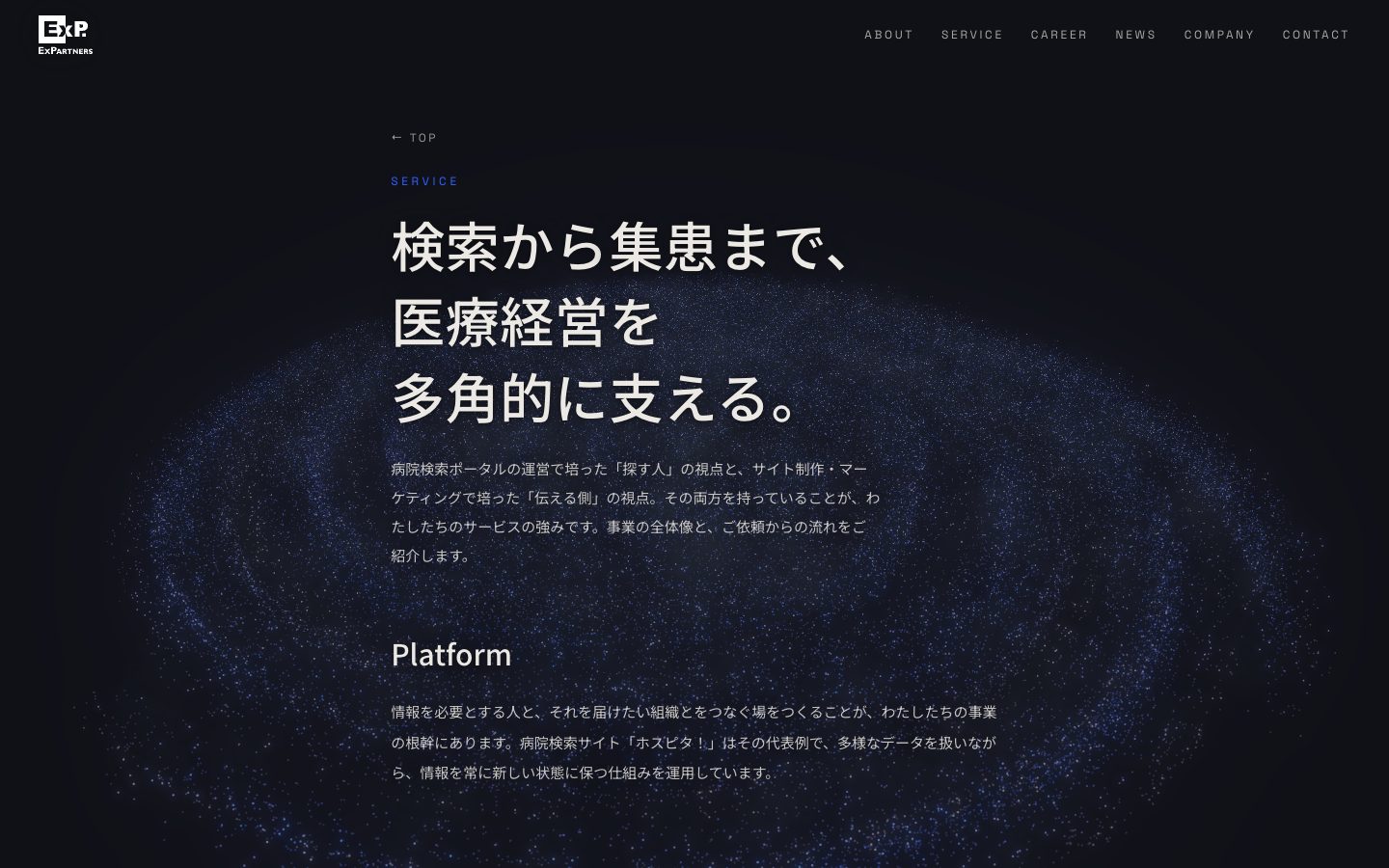下層ページ(Service)の上部。背景で完成した銀河がゆっくり回る