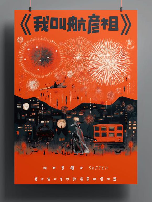 花火と夜の街並みを描いたコメディ公演のポスター