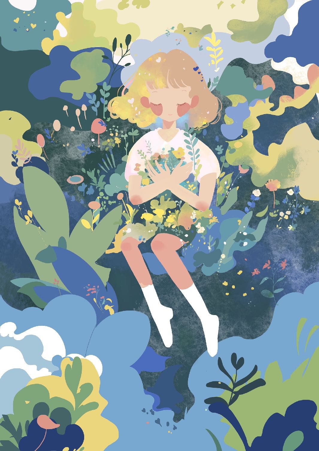 草花に囲まれて座る人物のイラスト