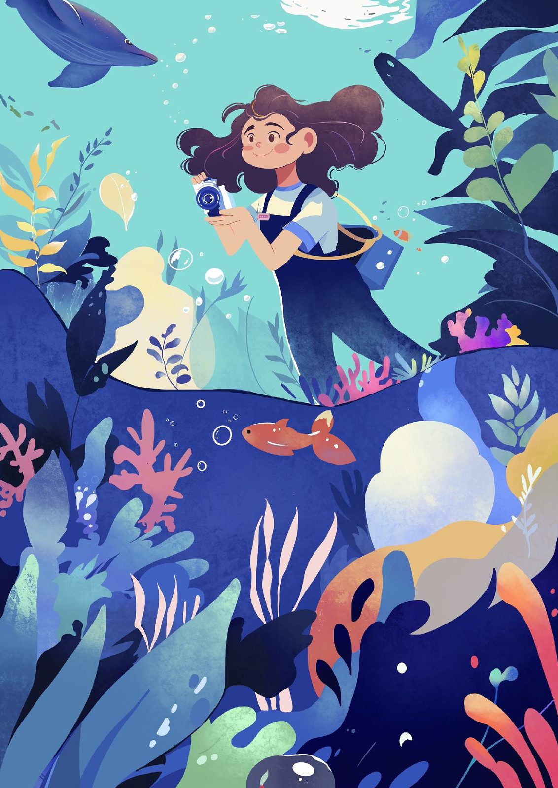 カメラを持つ人物と海の生き物のイラスト